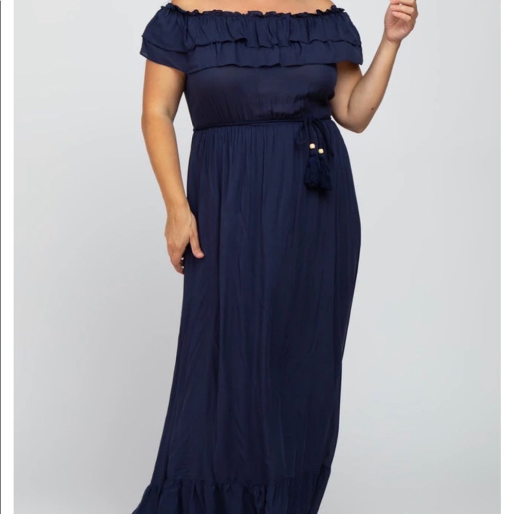 Navy Off Shoulder Tassel Tie Maternity Plus Maxi‎ Dress
